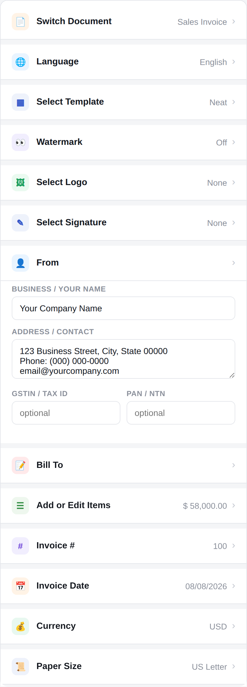 Entering business and client details on the invoice form