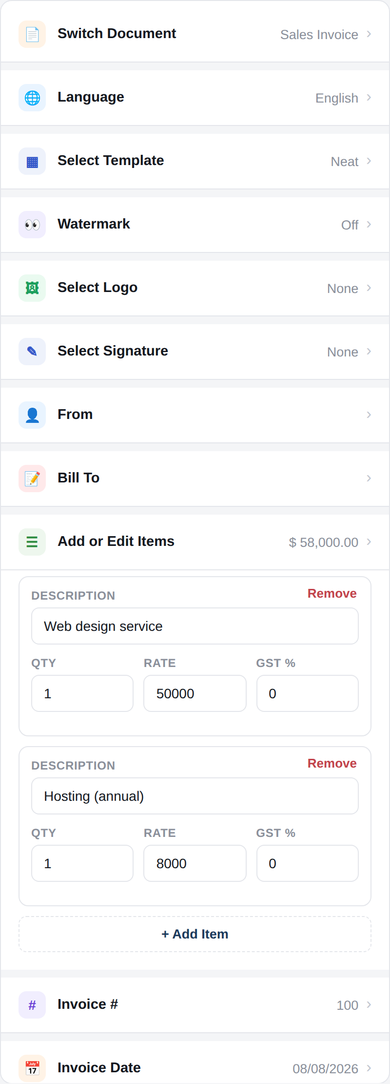 Adding line items with quantity, rate, and tax to an invoice